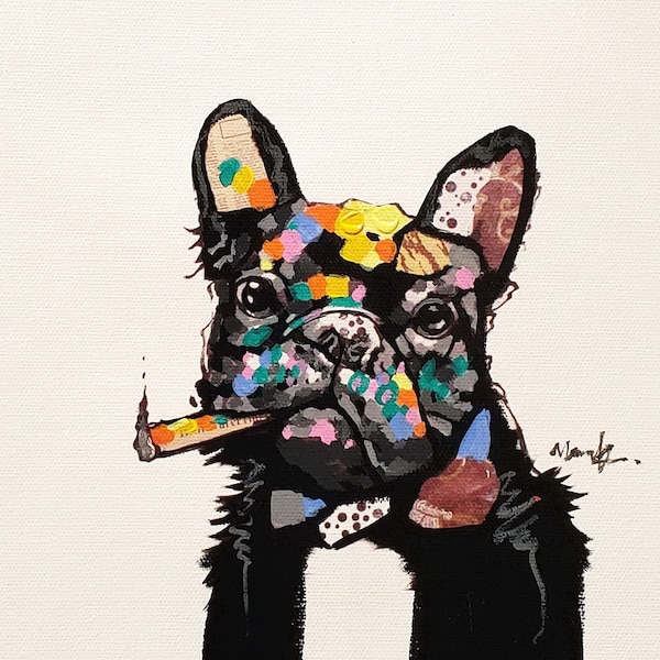 French Bulldog with Cigar, 8x10 Acrylic & Oil mixed Painting on Giclee Canvas