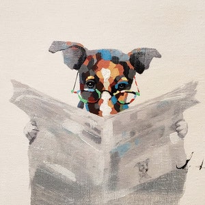 Dog reading,  8x10 - Acrylic & Oil mixed Painting on Giclee Canvas