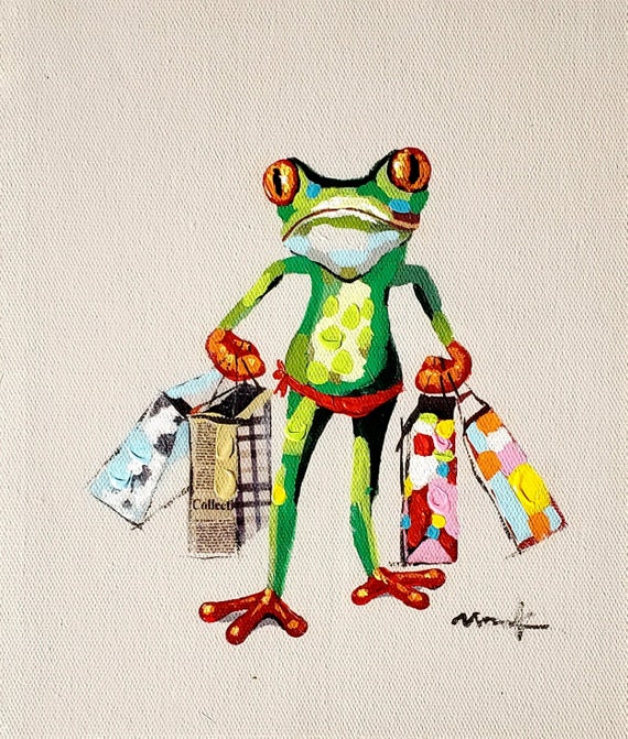 Frog With Shopping Bags 10x8 Acrylic & Oil Mixed Painting on 