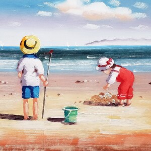 Kids on Beach #TK-08,  8x10, 100% Hand Painted Oil Painting on Canvas