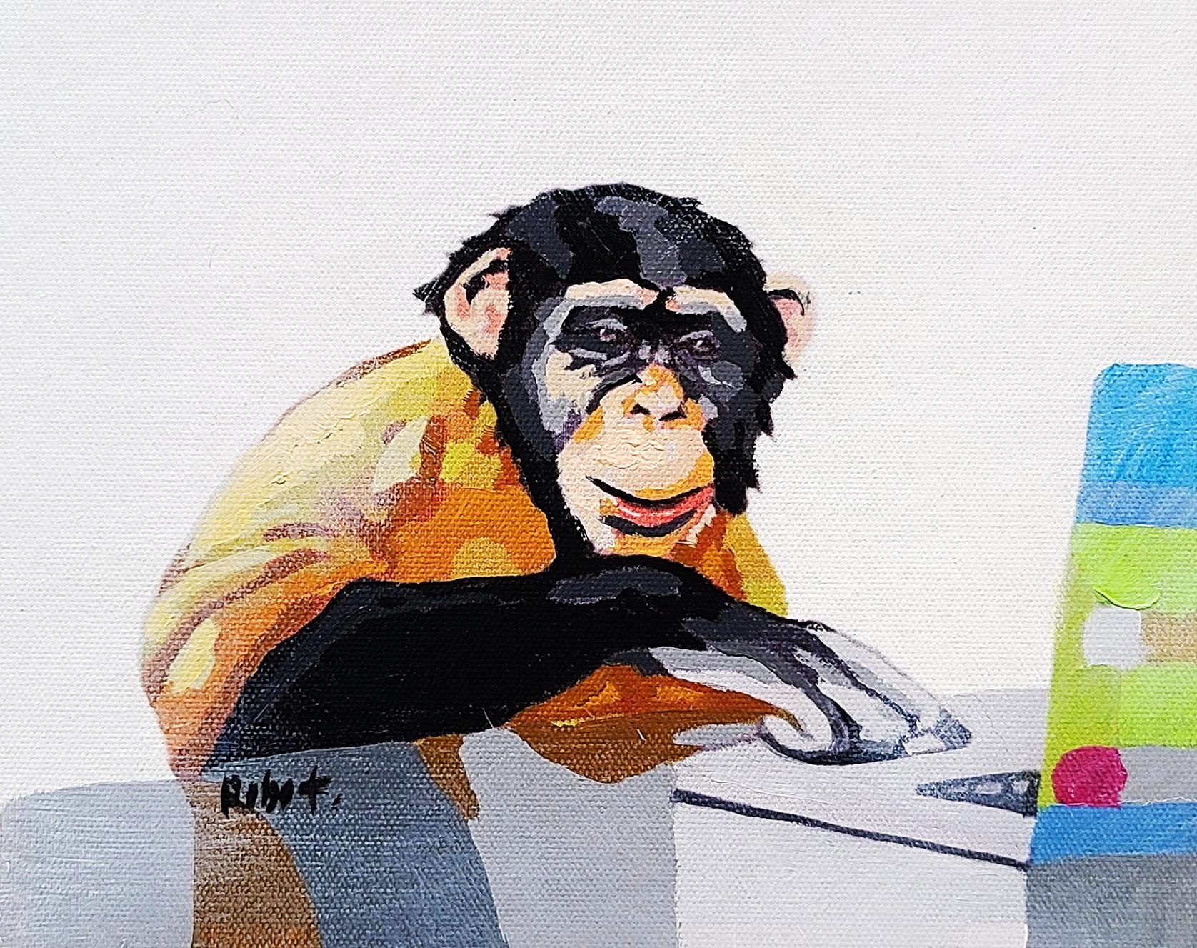 Monkey With Laptop -#2, 8x10 - Acrylic & Oil Mixed Painting on