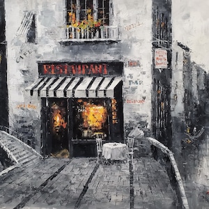 Venice Café - B/W-#3C-1 , 36x48 - 100% Hand Painted Oil Painting on Canvas