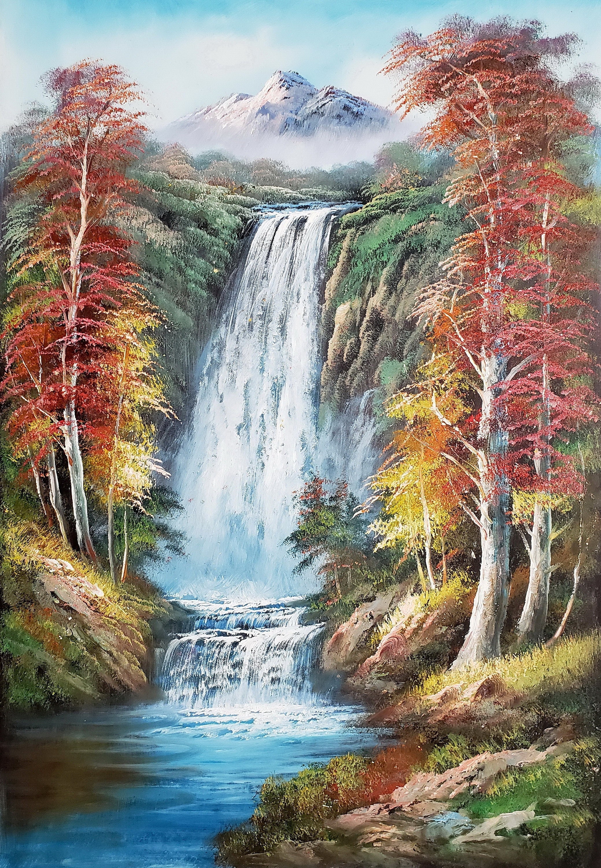 Custom Pink Sunset Waterfall Landscape Oil Painting on 18x24 Canvas – Paint  With Josh