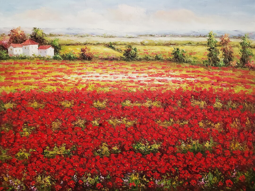 Red Poppy Field - #1, 36x48 - 100% Hand Painted Oil Painting on Canvas ...