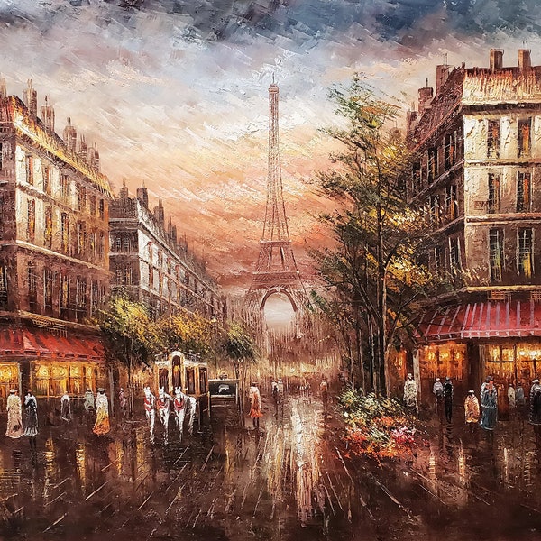 Old Paris Street #4D-ET-2, 48x72 (4ft.x6ft.) - 100% Hand Painted Oil Painting on Canvas
