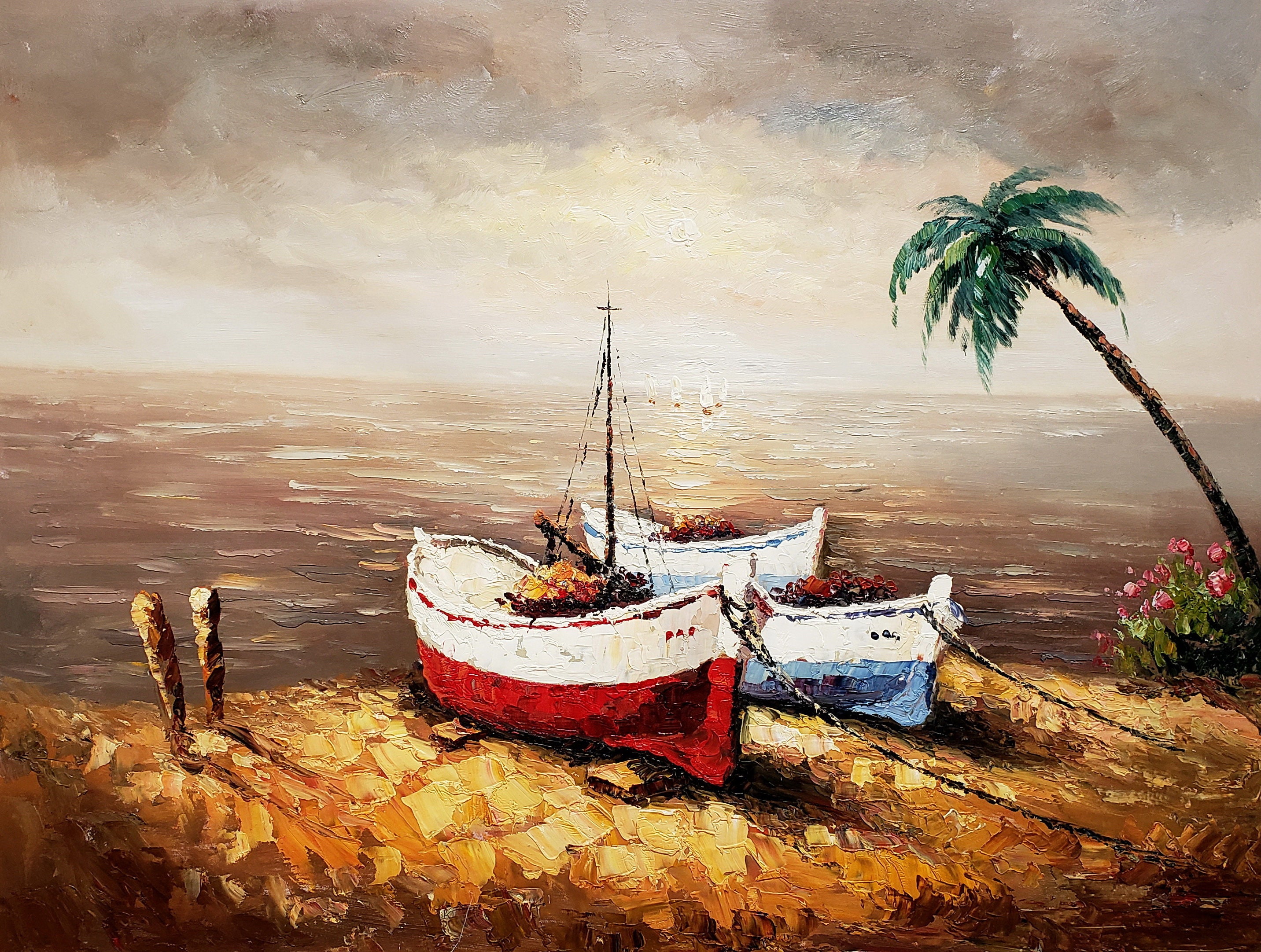 Two Boats One Island 36x48-100% Hand Painted Oil Painting on Canvas