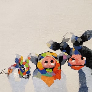 Rabbit, Pig, Cow,  8x10 - Acrylic & Oil mixed Painting on Giclee Canvas