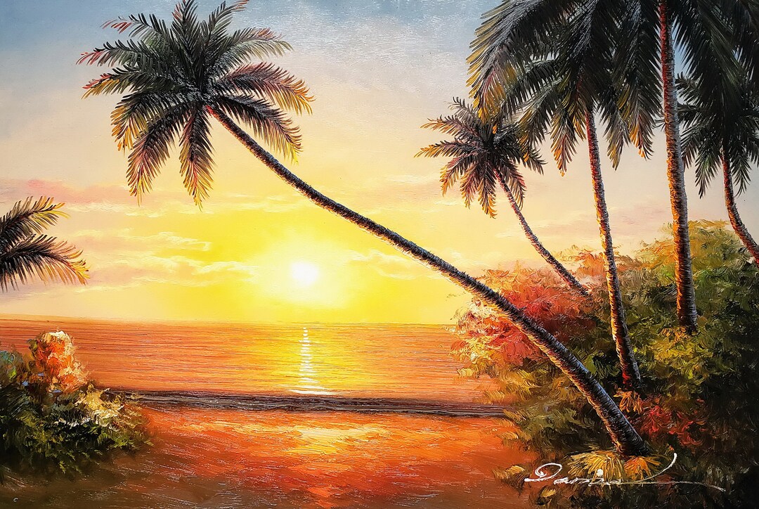 Sunset Palm Tree #6, (006B0) 24x36, 100% Hand Painted Oil Painting on ...