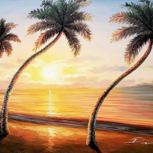 Sunset Palm Tree Beach #8,  24x36, 100% Hand Painted Oil Painting on Canvas