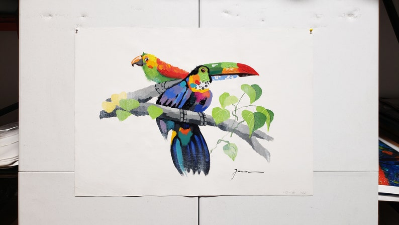 Acrylic /& Oil mixed Painting on Giclee Canvas 24x36 Toucan and Parrot