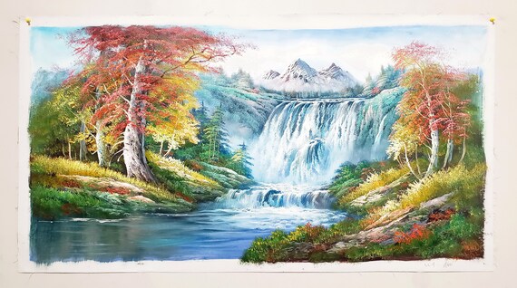 Waterfall Landscape #4, 24x48 100% Hand Painted Oil Painting on