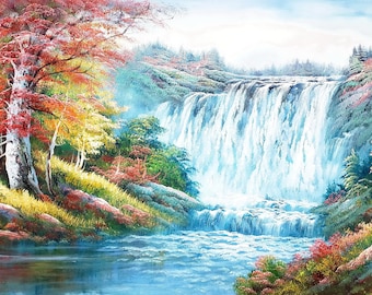 Waterfall Landscape #2, 24x48 100% Hand Painted Oil Painting on Canvas