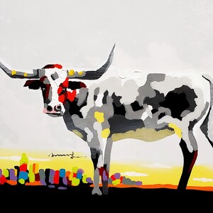 Long Horn Cow,  20x24 - Acrylic & Oil mixed Painting on Giclee Canvas
