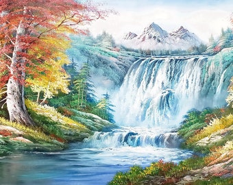 Waterfall Landscape #4, 24x48 100% Hand Painted Oil Painting on