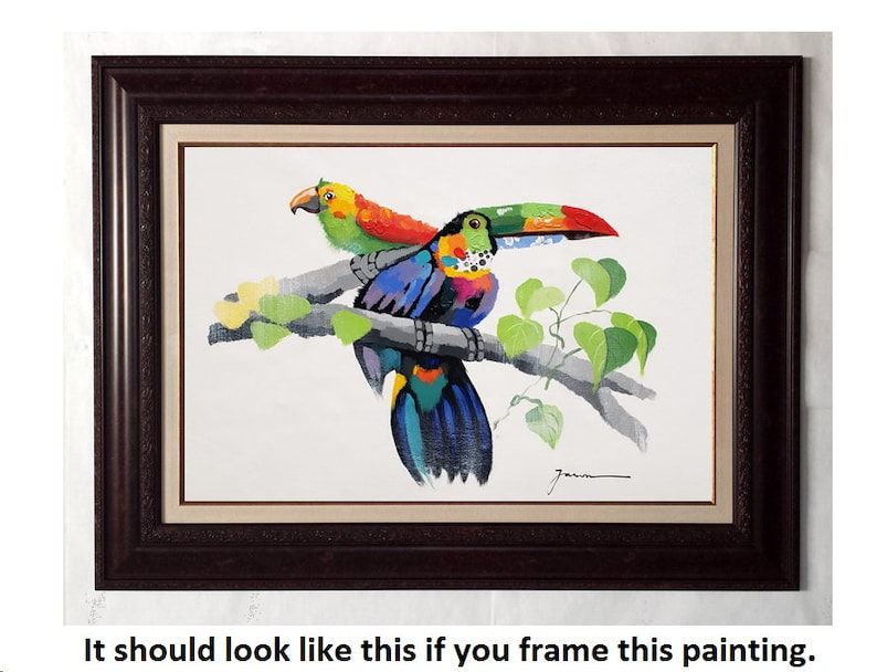 Acrylic /& Oil mixed Painting on Giclee Canvas 24x36 Toucan and Parrot