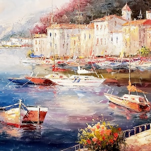 Mediterranean Harbor #5 - 24x36, 100% Hand Painted Oil Painting on Canvas