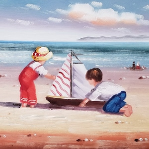 Kids on Beach #TK-17,  8x10, 100% Hand Painted Oil Painting on Canvas