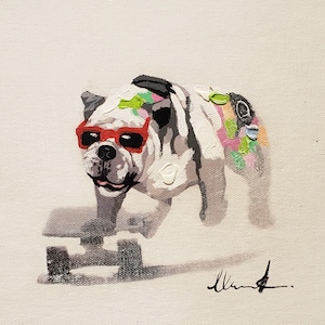 English Bulldog on Skateboard  8x10 - Acrylic & Oil mixed Painting on Giclee Canvas