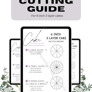 May include: A digital cake cutting guide for 6 inch 3 layer cakes displayed on a tablet screen. The guide features three circular diagrams showing 8 large slices, 16 small slices, and 10 mixed slices, with text labels for each portioning option.