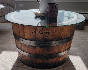 Half-Barrel Coffee Table - Personalized | Whiskey Barrel Coffee Table With Glass Top