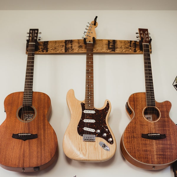Three Guitar Hanger Made From Whiskey Barrel | 3 Guitar Holder / Wall Mount | Three Guitar Rack | One and Two Guitar Hanger