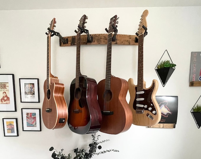 Four Guitar Hanger Made From Whiskey Barrel | 4 Guitar Holder/Wall Mount | Four Guitar Rack | Multiple Guitar Wall Hanger | Guitarist Gift