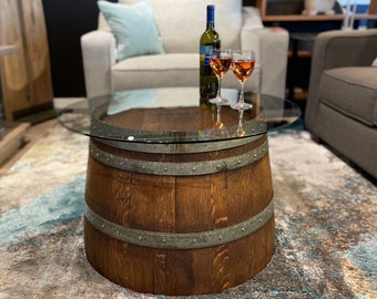 Half-Barrel Coffee Table With Glass - Personalized Wine Barrel or Whiskey Barrel Coffee Table With Glass Top