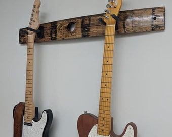 Whiskey Barrel Stave Two Guitar Wall Mount | 2 Guitar Hanger | Two Guitar Rack | Ukulele Hanger | Bass Hanger