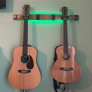 Double Guitar Hanger With Lighting | Back-Lighted Whiskey Barrel Stave | Guitar Hanger | Instrument Wall Mount