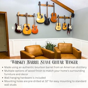 Percha de tres guitarras hecha de barril de whisky / 3 soportes de guitarra / montaje en pared / tres estantes de guitarra / percha de una y dos guitarras imagen 3