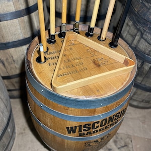 Barrel Pool Cue Holder | Personalized Pool Cue Holder With 30 Gallon Rye Whiskey Barrel