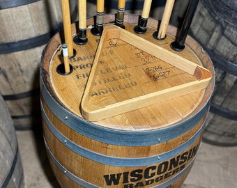 Barrel Pool Cue Holder | Personalized Pool Cue Holder With 30 Gallon Rye Whiskey Barrel