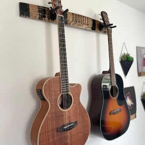 Personalized Two Guitar Hanger Made From Whiskey Barrel | Custom Engraved Guitar Holder Rack