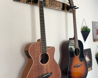 Personalized Two Guitar Hanger Made From Whiskey Barrel | Custom Engraved Guitar Holder Rack