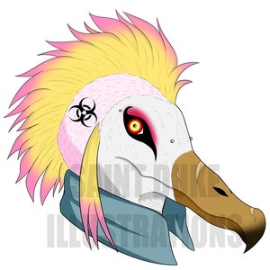 May include: A white bird with a pink and yellow mohawk, a biohazard symbol tattoo, and a blue scarf. The bird has a red eye with a yellow iris and black eyeliner. The bird's beak is brown and has a rough texture.