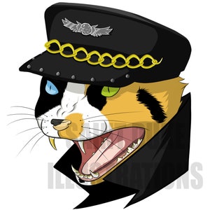 May include: A cartoon illustration of a calico cat wearing a black leather jacket, a black cap with a gold chain, and a silver winged emblem. The cat has green and blue eyes and is baring its teeth.