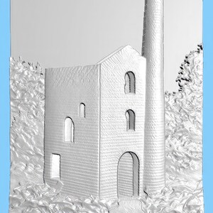 May include: A white, 3D printed model of a building with a tall chimney. The building has a textured surface and several windows. The model is set against a white background.