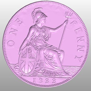 May include: A pink coin featuring a seated figure holding a trident and shield, with the words "ONE PENNY" and the date "1333" visible. The coin has a detailed design and a textured surface.