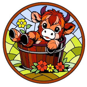 Op de afbeelding: Een kleurrijke cartoonillustratie van een kalf in een houten emmer, omringd door bloemen en een achtergrond in glas-in-loodstijl. Het kalf is oranje en bruin met grote ogen. De emmer is bruin en de bloemen zijn rood en geel.