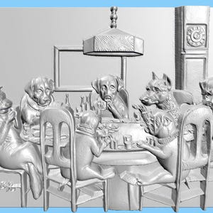 Könnte beinhalten: Graue Reliefskulptur, die Hunde beim Pokerspielen zeigt. Die Szene umfasst einen Uhrturm, eine Hängelampe und Stühle. Die Hunde sind anthropomorph, bekleidet und spielen Karten an einem Tisch.