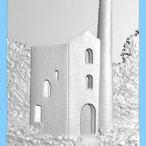 May include: A white, 3D printed model of a building with a tall chimney. The building has a textured surface and is surrounded by a white, textured landscape.