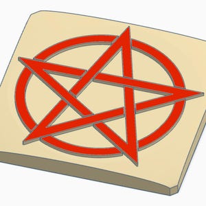 May include: A light beige wooden square featuring a red pentagram design within a red circle. The pentagram, a five-pointed star, is centrally positioned within the circle, which is set on the wooden square.