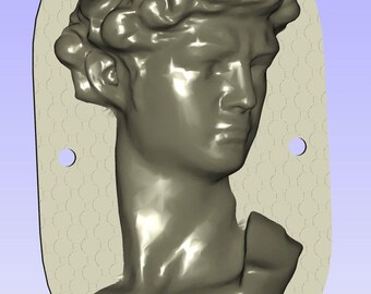 May include: A gray, three-dimensional rendering of a bust of David, set within a rectangular frame. The bust is a detailed sculpture with a smooth, reflective surface. The frame has a textured pattern and two circular holes.