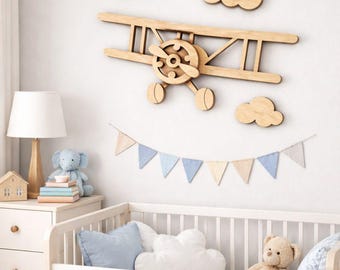 Wooden Airplane and Clouds Wall Art, Unfinished Nursery Decor for Baby Rooms