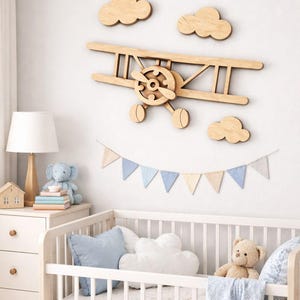Wooden Nursery Airplane and Clouds Wall Art | Unfinished Baby Room Decor | Customizable Sizes Styles