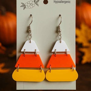 Candy Corn Dangle Earrings: Hypoallergenic Acrylic Halloween Jewelry