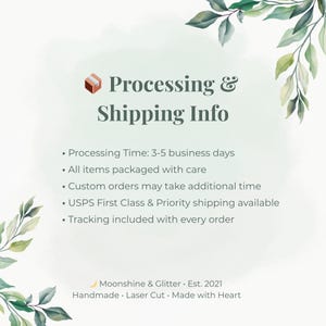 Text on a light green background with watercolor leaf accents reads "Processing & Shipping Info" detailing processing time, packaging, and tracking.