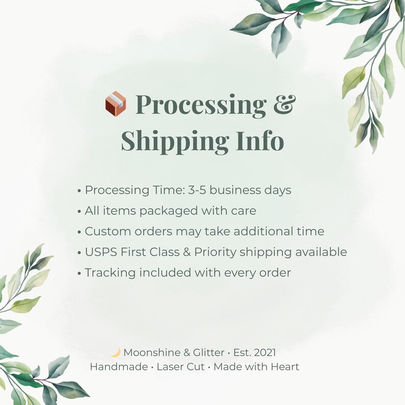 Text on a light green background with watercolor leaf accents reads "Processing & Shipping Info" detailing processing time, packaging, and tracking.
