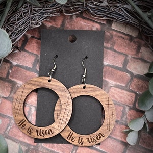 Walnut wood Faith he is risen earrings spiritual Easter spring style gift for her minimalist   Adorable solid walnut