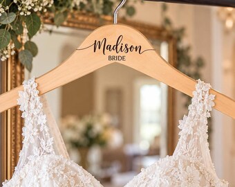 Custom Bridal Hanger, Natural Wood With UV Printed Name and Title